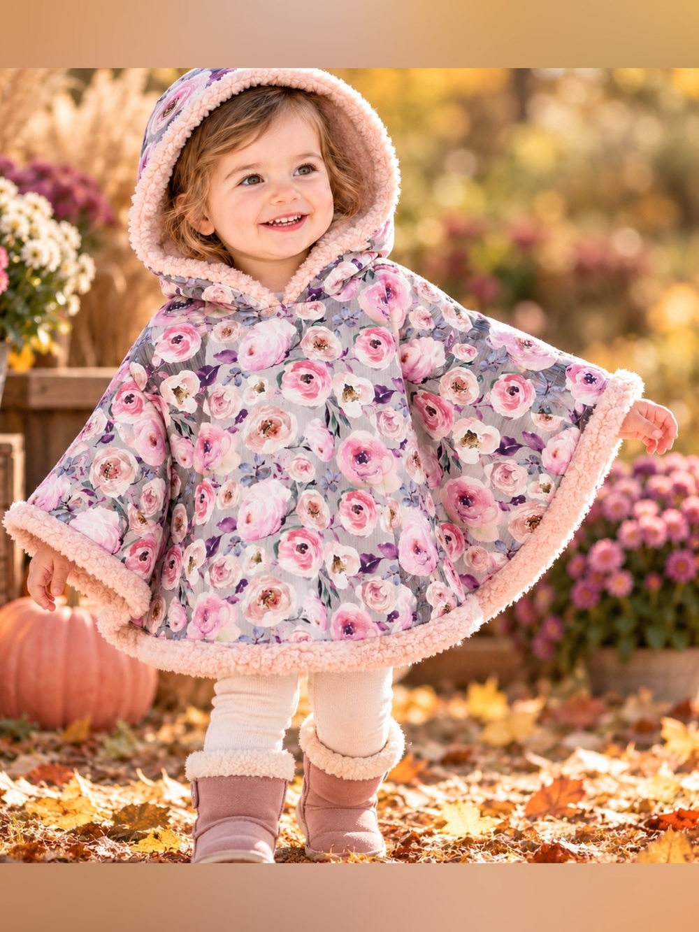 Little Wee Things Floral Hooded Sherpa-Lined Poncho 12M–3T Handmade Canada